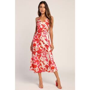 Lulu’s Front Page Hues Coral Multi Floral Print Satin Midi Dress Size Medium